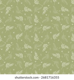Padrão contínuo com elementos de planta. Galhos, folhas, cachos, ramos de luz em um fundo de oliveira 