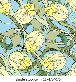 Seamless pattern with plant elements. Yellow tulips on a blue background. It can be used for creating Wallpaper , textiles, and paper.