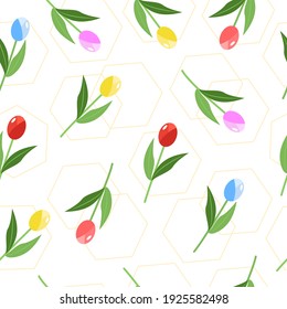 Seamless pattern. Plant, flower pattern. Spring tulips of different colors. Can be used as a print for textiles, bags, paper utensils.