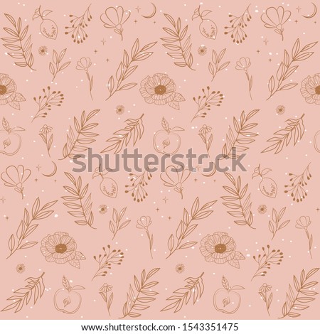 Seamless pattern with plant, flowers and leaf in one line style. Editable vector illustration