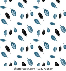 Seamless pattern with plant leafs. Hand drawn graphic with black blue cute minimalistic scandinavian cartoon elements on white background