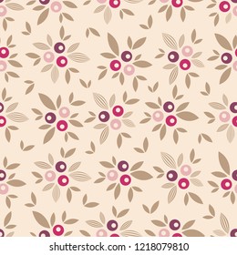 Seamless pattern with plant pattern of leaves and berries.
