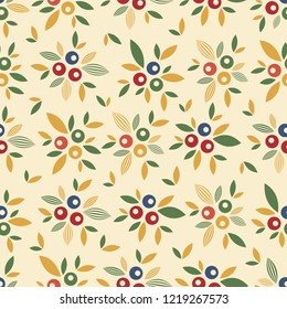 Seamless pattern with plant pattern of leaves and berries.

