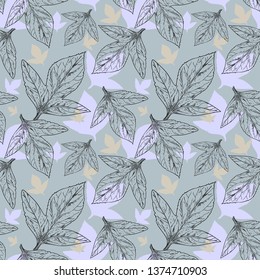 seamless pattern plant leaves in blue gray color