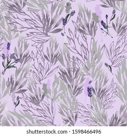 Seamless pattern with plant leaves and lavender flowers. Elements are arranged densely on a pink background. Vector with gray and pink contours and silhouettes. Hand drawing for textile, wallpaper