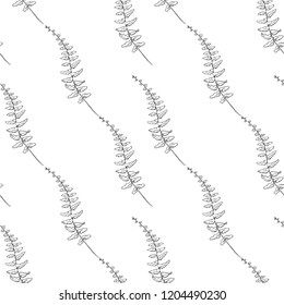 Seamless pattern with plant leaves, monochrome, line art
