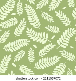 Seamless pattern with plant natural print. Branches with leaves randomly abstractly arranged. Contemporary minimalistic ornament. Vector graphics.
