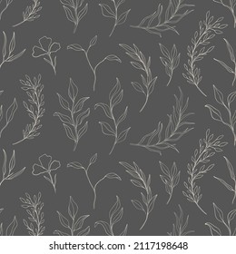 Seamless pattern plant nature hand drawn set. Outline botanical element.Elegante vintage style.Vector illustration.