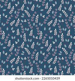 Seamless pattern with plant ornament on dark background. Cute botanical texture. Hand drawn vector illustration.