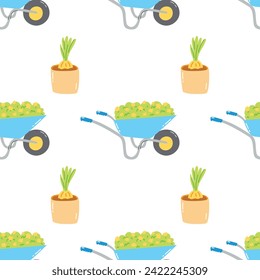 Seamless pattern with plant in pot and wheelbarrow. Hand drawn springtime garden tools, agriculture equipment, horticulture concept.