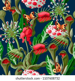 Seamless pattern with plant predators such as Venus flycatcher, sundew and others. Unique flowers botanical illustration.