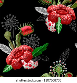 Seamless pattern with plant predators such as Venus flycatcher, sundew and others. Unique flowers botanical illustration.