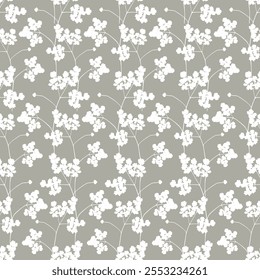 Seamless pattern with plant silhouettes. Decorative vintage pattern in Japanese style with leaves and twigs on a gray background. Print for wallpaper, fabric, packaging, paper, clothes, dishes.