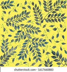 Seamless pattern with plant twigs. Branch leaves pattern on yellow background. Watercolor painting vector illustration.