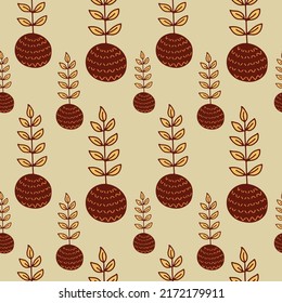 Seamless pattern with plant in vase on yellow background. For design, textile, wrapping, card, print.