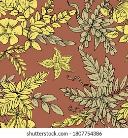 Seamless pattern. Plant. Vector Background. Hand drawing. For fabric. Flowers, leaves, foliage.