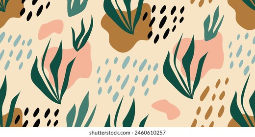 Seamless pattern with plants and abstract organic shape. Abstract summer background. Modern exotic tropical leaves. Flat Vector illustration 