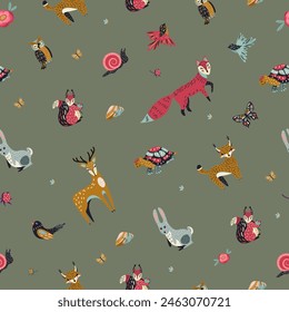 Patrón sin fisuras de plantas y animales en estilo étnico. Animales y plantas, aislados sobre un fondo blanco, dibujo a mano. Ilustración vectorial.