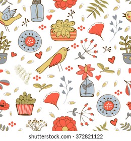 Seamless pattern with plants birds leaves and flowers