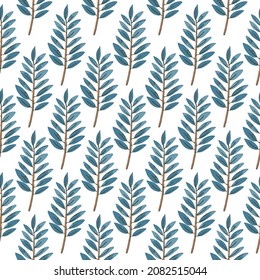 Patrón sin foco con las plantas. Patrón de textura de hoja de color azul sobre fondo blanco.