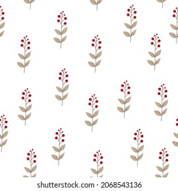 Patrón sin foco de plantas al estilo boho o escandinavo. Artículos de Navidad con elementos de invierno y deseos de vacaciones. Ilustración vectorial de invierno sobre fondo blanco.