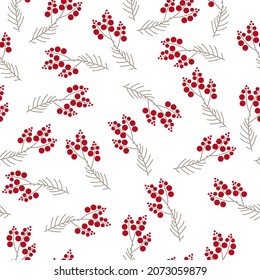 Seamless pattern of plants in boho or scandinavian style. Christmas items with winter elements and holiday wishes. Winter vector illustration on white background.