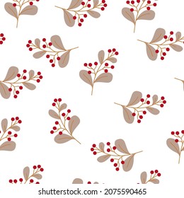 Seamless pattern of plants in boho or scandinavian style. Christmas items with winter elements and holiday wishes. Winter vector illustration on white background.