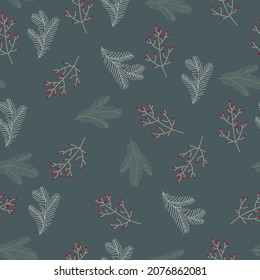 Seamless pattern of plants in boho or scandinavian style. Christmas items with winter elements and holiday wishes. Winter vector illustration on white background.