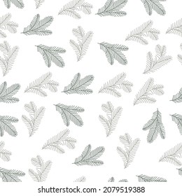 Seamless pattern of plants in boho or scandinavian style. Christmas items with winter elements and holiday wishes. Winter vector illustration on white background.