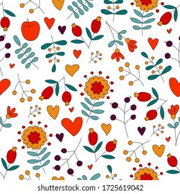 A seamless pattern of plants with branches, flowers, berries, and hearts on a white background. Vector drawing in the Doodle style.