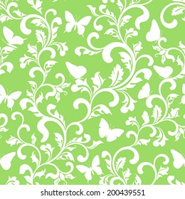 Seamless pattern with plants and butterflies on a green background
