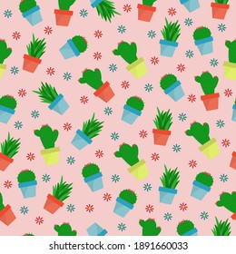 seamless pattern with plants cacti with flowers on pink background