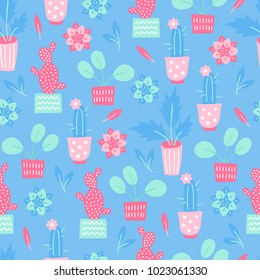 Seamless pattern with plants, cactus, succulent and flowers in pastel colors. Perfect for wallpaper, gift paper and summer greetings.