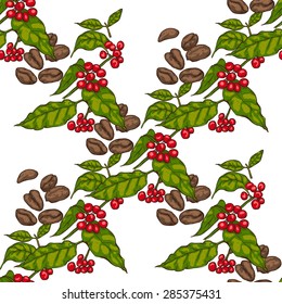 Seamless pattern with plants and coffee beans on a white background
