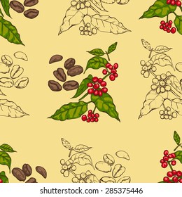 Seamless pattern with plants and coffee beans and contours shades of coffee with milk