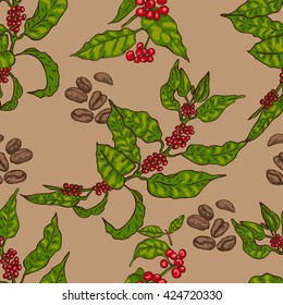 Seamless pattern with plants and coffee beans, a dark background