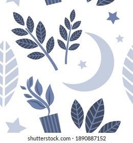
seamless pattern with plants, crescent and stars