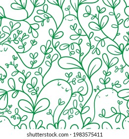Seamless pattern with  plants  and cute creatures on  white background. Vector print with herbs. Doodle botanical wallpaper.