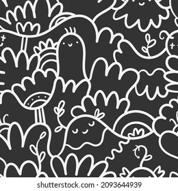 Seamless pattern with  plants  and cute creatures on dark background. Vector print with herbs. Doodle botanical wallpaper.