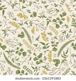 Seamless pattern with plants. Floral illustration with jasmine branches, fern leaves, ginkgo branches. Herbal natural prints.