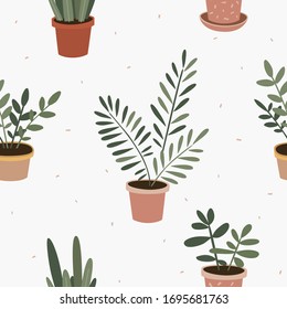 Seamless pattern with plants in flower pots. Indoor flowers vector illustration. Home decorative greens. Flora and botanical design of wallpaper, packaging, textile.