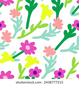 seamless pattern with plants and flowers in flat style in vector. template for background, wallpaper, wrapping, fabric, print