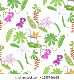 Seamless Pattern with Plants and Flowers in Jungle. Floral sketches. Hand Drawn Background. Vector Illustration