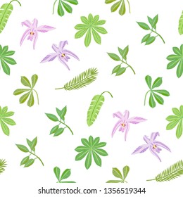 Seamless Pattern with Plants and Flowers in Jungle. Floral sketches. Hand Drawn Background. Vector Illustration