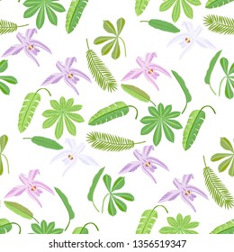 Seamless Pattern with Plants and Flowers in Jungle. Floral sketches. Hand Drawn Background. Vector Illustration