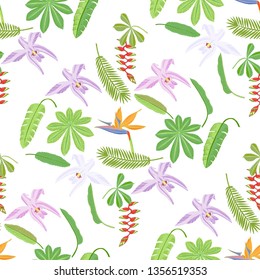 Seamless Pattern with Plants and Flowers in Jungle. Floral sketches. Hand Drawn Background. Vector Illustration
