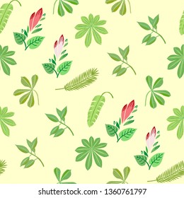 Seamless Pattern with Plants and Flowers in Jungle. Floral sketches. Hand Drawn Background. Vector Illustration