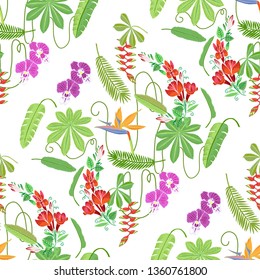 Seamless Pattern with Plants and Flowers in Jungle. Floral sketches. Hand Drawn Background. Vector Illustration