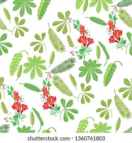 Seamless Pattern with Plants and Flowers in Jungle. Floral sketches. Hand Drawn Background. Vector Illustration