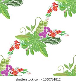 Seamless Pattern with Plants and Flowers in Jungle. Floral sketches. Hand Drawn Background. Vector Illustration